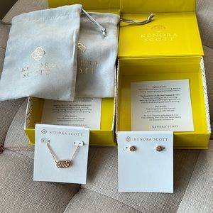 Kendra Scott Elisa Necklace and Stud Earrings Rose Gold Drusy Set
